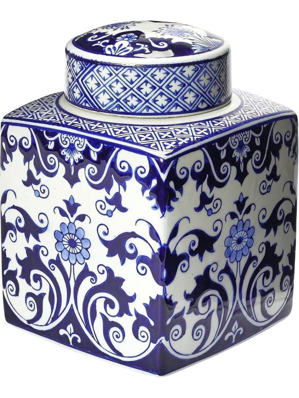 Decorative Square Ceramic Ginger Jar with Lid - Blue and White Accent for Small